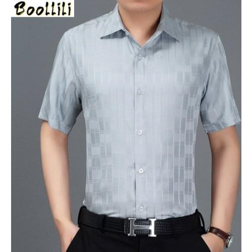 Boollili 2010 New Summer Men Shirt Short Sleeve Plaid 100% Silk Shirt Men Formal Shirts Social White Camisa Masculina