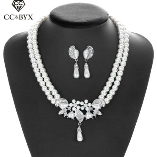 CC Jewelry Sets Stud Earring and Necklace Fashion Pearl For Bridal Women Party Wedding Accessories Crystal Luxury Style D009