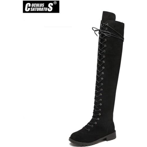Cuculus Thigh High Boots Lace-Up Women Shoes Over The Knee Boots Flat Long Boots Ladies Rubber Boots Women Shoes 35-43 1408