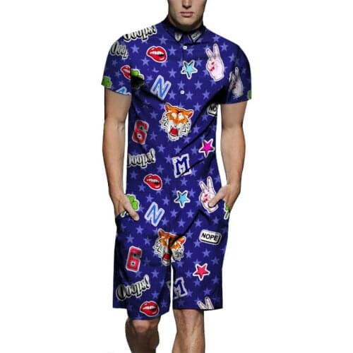 Summer Mens Fashion Design Romper 3D Funny Print Pattern Playsuit Male Short Sleeve Beach Sets Casual Jumpsuit Overalls US Size