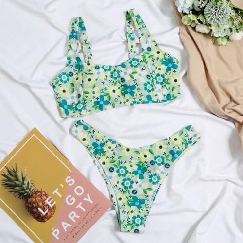 MYTENG Green Cute Flower Print Two Piece Set Bikini 2022 Mujer New Summer Push Up Swimwear Women Beach Wear Swimsuit Biqiuni