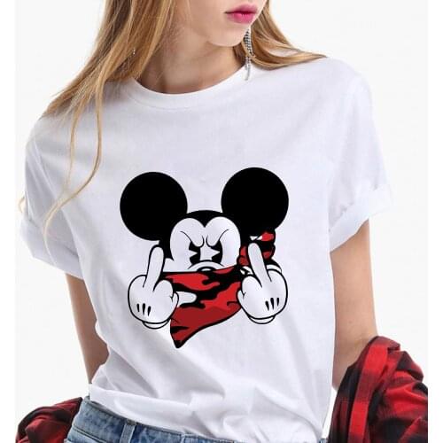 Fashion Women T Shirts Funny Spoof Disney T Shirt O-neck Loose White Short Sleeve Girls Cool Mickey Mouse Minnie Print Tee Shirt