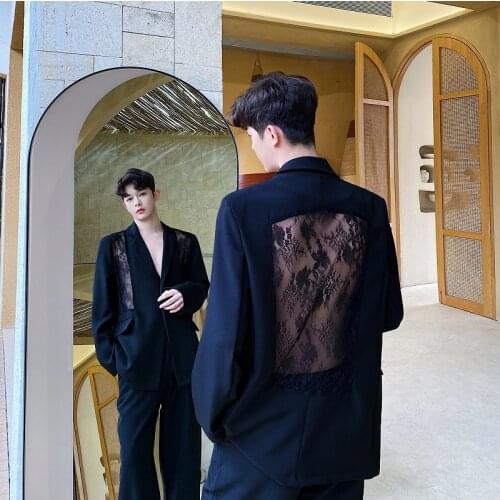Fashion Mens Lace Patchwork Blazers Jacket Loose Black Coat Smart Casual C34