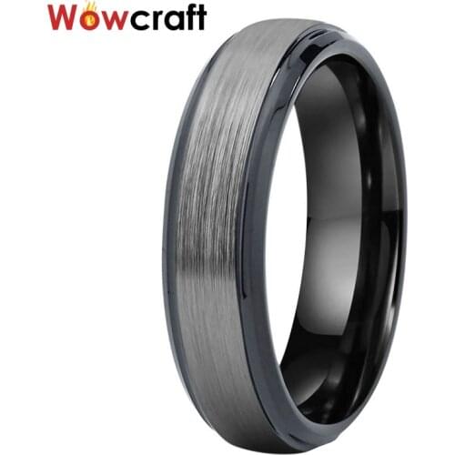 6mm Mens Tungsten Wedding Ring Brushed Finish Top Black Plated with Stepped Beveled Edges Engagement Band Comfort Fit