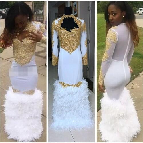2019 New White Black Girls Prom Dresses Mermaid Feather Skirt Floor Length Slim Formal Evening Party Gowns Aso Ebi Real Photos