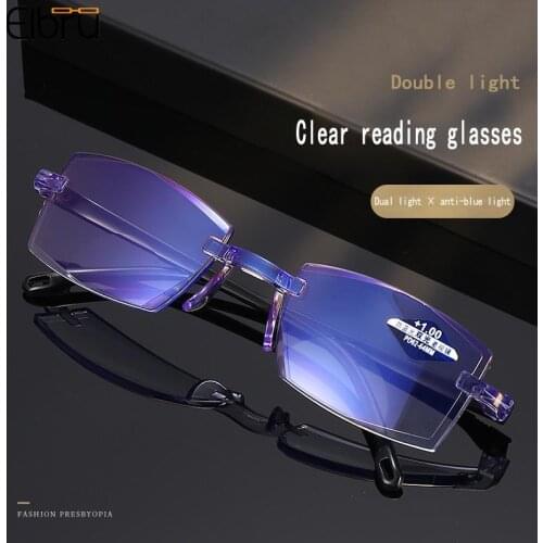 Elbru Men Women Rimless Reading Glasses Anti Blue Light Bifocal Far Near Magnification Eyewear Presbyopic Glasses Diopters +1+4