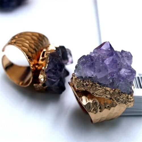 Wholesale 6pc/lot Natural stone amethystss hand polished plating gold opening adjustable wide irregular golden ring free size