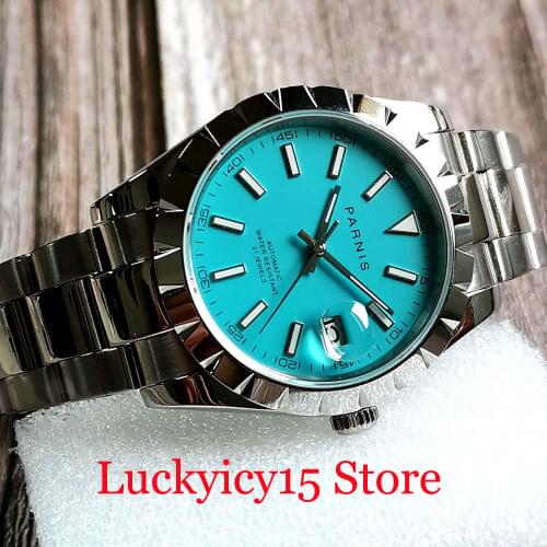 PARNIS Blue Dress Men Watch Sapphire Glass 21 Jewels MIYOTA 8215 Oyster Strap Screw Down Crown