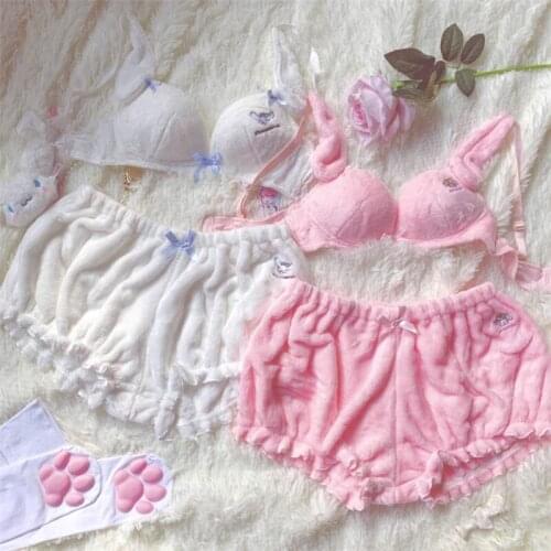 FUFUCAILLM Women Velvet Pajama Bra and Shorts 2pcs Cartoon Rabbit Ear Ruffle Plush Sexy Underwear Adult Exotic Sets