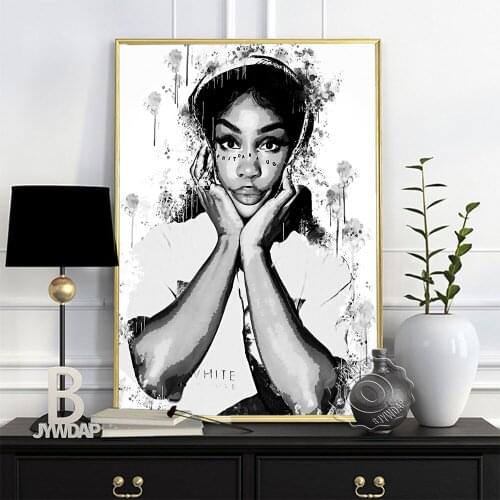 Sza Black White Poster, American Singer Sza Art Prints, Modern Art Long Hair Goddess Portrait Painting, Fans Collect Wall Decor