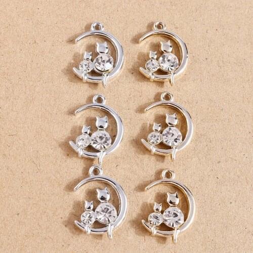 10pcs 16*22mm Crystal Cartoon Cat Charms for Jewelry Making Alloy Moon Charms Pendant Necklaces Earrings Bracelets DIY Accessory