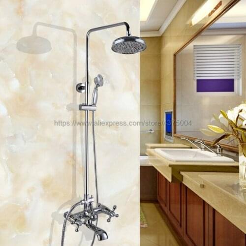 Polished Chrome Wall Mount 8" Rain Shower Faucet Set Dual Handles Swivel Tub Spout Bath Shower Mixers + Handshower Ncy324