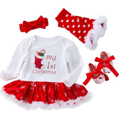 My First Chrismas Baby Clothing Long Sleeve Set Newborn Infant Girls Christmas Hat Romper Dress Tutu Hairband Shoes Set