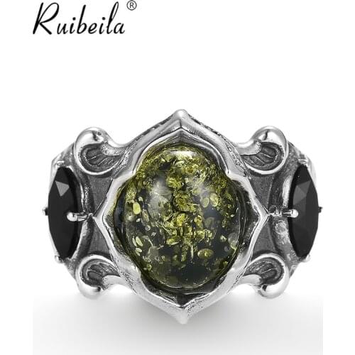 Ruibeila Amber gem ring unisex open size adjustable 925 silver distressed Hip Hop domineering ring jewelry gift