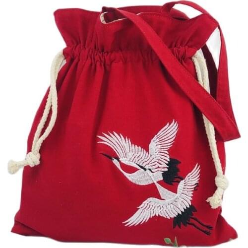 Women Cotton & Linen Embroidery String Hanbag Female Shoulder Bag Cloth Sack Ladies Pouch Bolsa Feminina Bolso Mujer for Girls