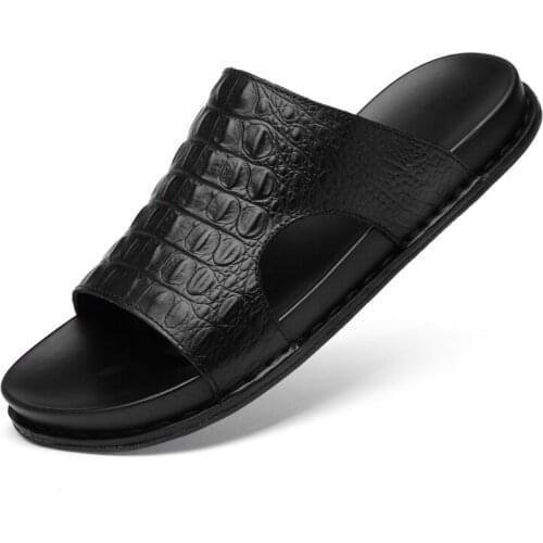Black Summer Genuine Leather Soft Leather Sandals Men Shoes Comfortable Casual Beach Slippers Fashion Footwear
