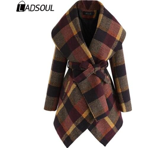Woolen Coat Female Autumn And Winter New Loose Plaid Coat Fashion Lapel Waist Coat Elegant Long Womens Coat пальто женское
