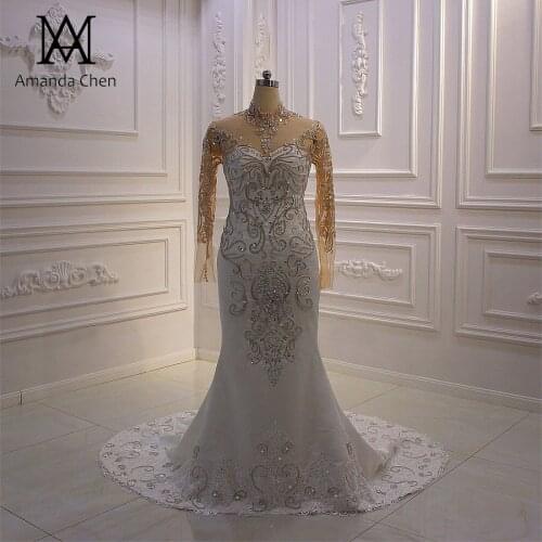 Vestido boda High Neck Long Sleeve Crystal Mermaid Wedding Dress Long Sleeves