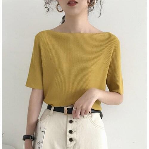 Off shoulder top womens clothing temperament knitting half sleeve design minority summer ice silk short sleeve T-shirt