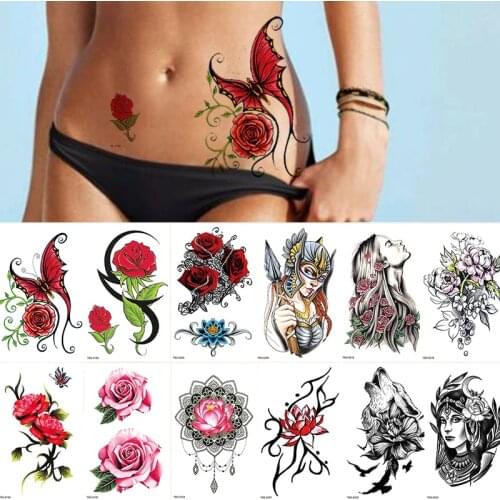 Rose Black Imitation Tattoo Sticker Butterfly Flowers Waterproof Temporary Tattoos Wolf Lion Bikini Sexy Decal Tato Woman