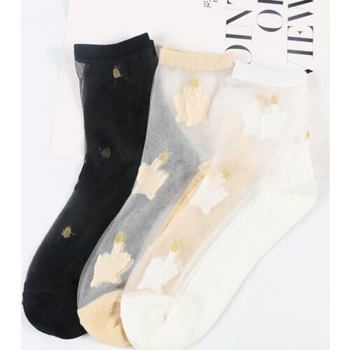 DONG AI 3 Pairs New Translucent Personality Socks Summer Women Fashion BLACK Glass Silk Socks Crystal Lace Elastic Ankle Socks