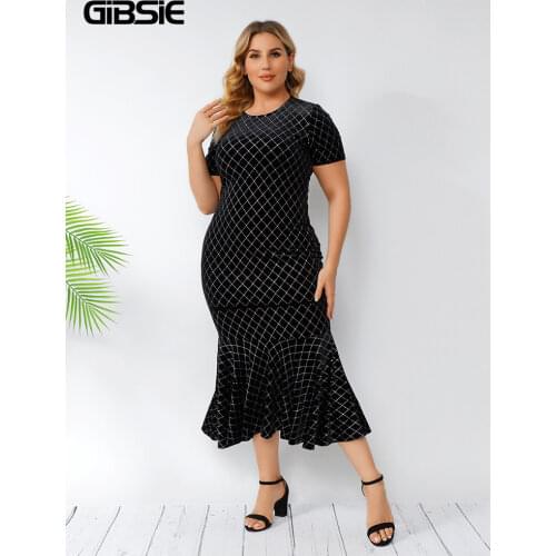 GIBSIE Plus Size Mermaid Hem Glitter Plaid Velvet Dress Women Black Elegant Party Dresses O-Neck Short Sleeve Bodycon Long Dress