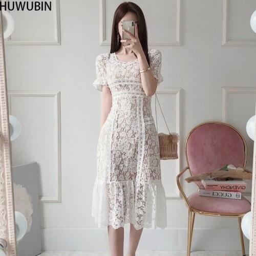 2021 Summer New Korean Womens Chic V-Neck Small Fresh Medium Long Splicing Lace Lace Waist Slim Avant-Garde Fashion Dress