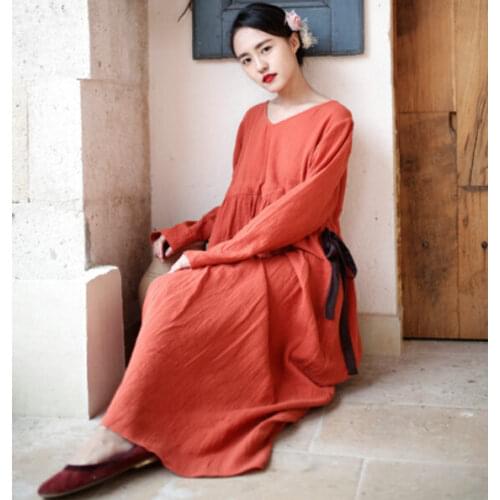 2020 New style women Spring Autumn long sleeve V-Neck empire long dress,loose casual cotton linen dress,plus size dress S - 6XL