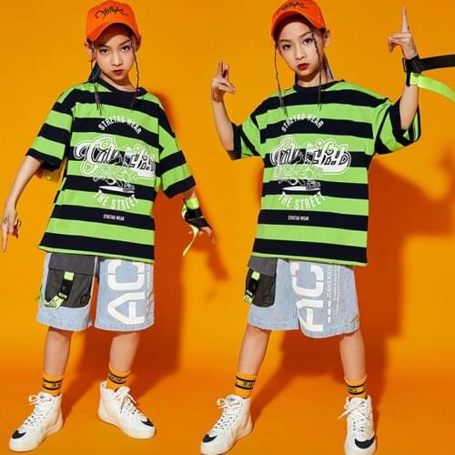 Kids Festival Hip Hop Clothing Stripe Oversized T Shirt Top Streetwear Summer Cargo Shorts for Girls Boys Dance Costume Clothes