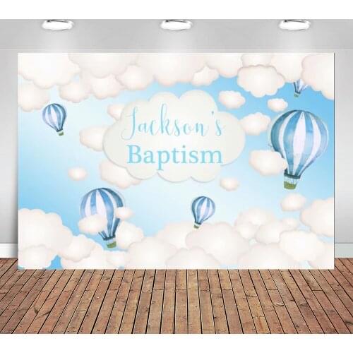 Boys Baptism Baby Shower Backdrop Coulds Hot Air Balloons Light Blue Theme Birthday Party Photography Backgrounds 7x5ft