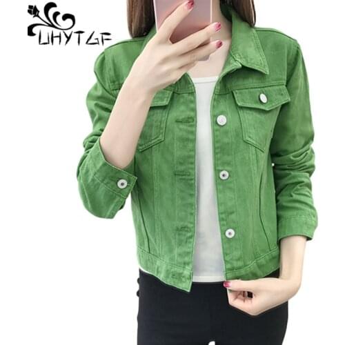 UHYTGF Denim Jacket Women Sweet Girl Spring Autumn Jeans Coat Pure Color Wild Slim Female Short Tops Chaqueta Vaquera Mujer 1295