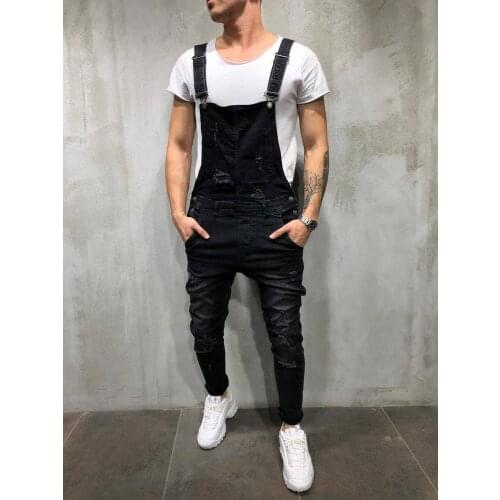 Brand New Men Frayed Skinny Biker Suspenders Jeans Worn and Worn Design Slim Casual Street Wear Denim Pants M-3XL