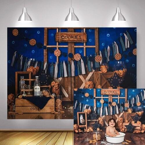 Cookies Milk Photography Background Photo Studio Wooden Door Birthday Blue Backdrop Photocall Newborn Baby Portrait Photo Shoot
