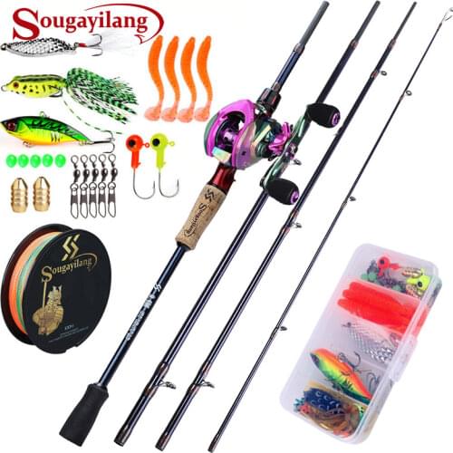 Sougayilang Casting Fishing Combo 1.8-2.4M 4 Sections Carbon Fiber Fishing Rod and 9+1BB Multicolor Baitcasting Reel Set Tackle