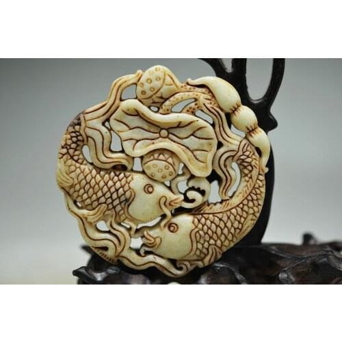 Collection Chinese Natural Jade Hand Carved Animal Fish Lotus Flower Lotus Leaf Hollow Out Amulet Charm Pendant Necklace