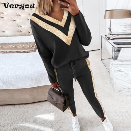 Two Piece Set Casual Tracksuit Women Spring Autumn Womens Sets Long Sleeve TopJogging Pants Suit Women V Neck Print Lady Suit