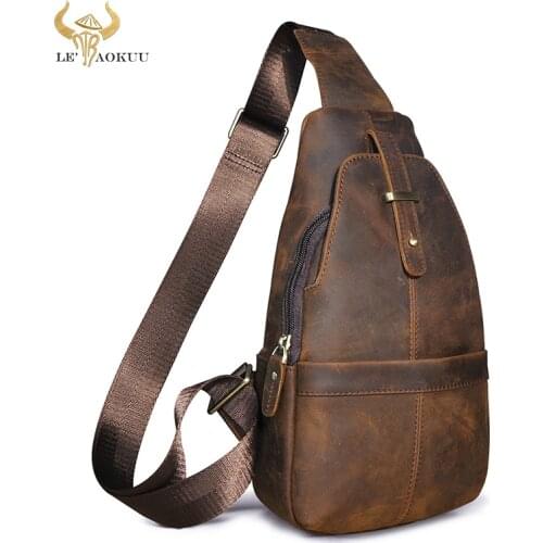 Men Crazy Horse Leather Casual Retro Triangle Chest Bag Design Sling One Shoulder Bag Crossbody Bag Daypack For Male 196