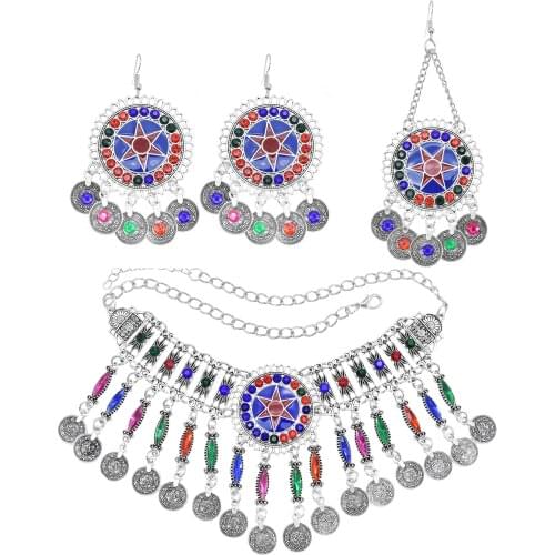Afghan Jewelry Sets for Women Bohemian Turkish Colorful Rhinestone Coin Tassel Statement Necklace Earring Hair Clips Sets