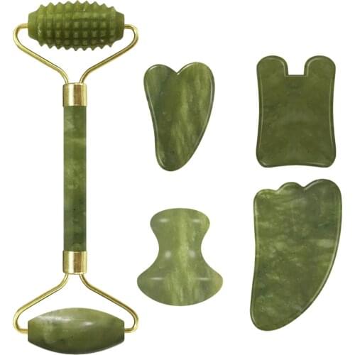 Jade Face Massage Roller Guasha Board Facial Massager Set 100% Natural Real Stone Gouache Scraper Jade Roller