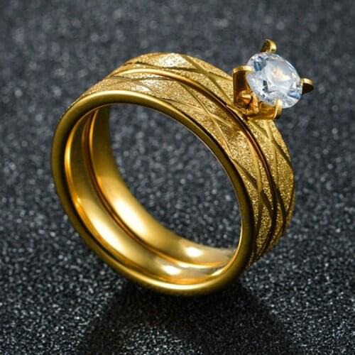 Stainless Steel Gold Color Wedding Bands Rings for Women Men CZ Engagement Promise Ring Couple Bridal Sets Anniversary Alliance