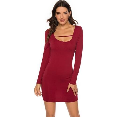 New Arrival Women Long Sleeve Mini Dresses Sexy O-Neck Black Wine Red Slim Mini Dress 2020 Autumn Female Dress