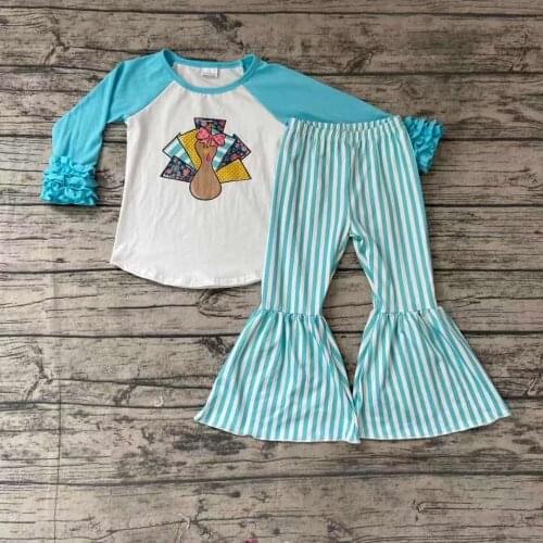 Fall/Winter Baby Girls Thanksgiving Turkey Sky Blue Stripe Bell Bottom Pants Set Kids Boutique Clothing