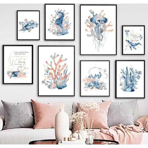 Jellyfish Coral Shell Conch Nordic Posters And Prints Ocean Animals Art Canvas Painting Wall Pictures For Living Room Home Decor