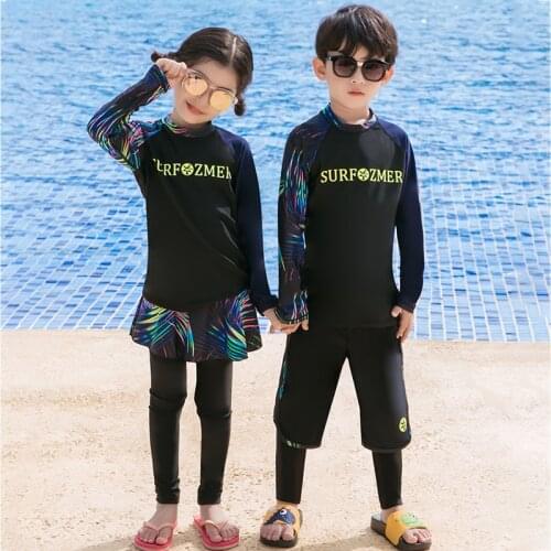 Kids Rashguard Swimsuit Girl Boy 3 Piece Long Sleeve Wetsuit front Zipper Pants Shorts Surfing black print Bathing Sport Suit