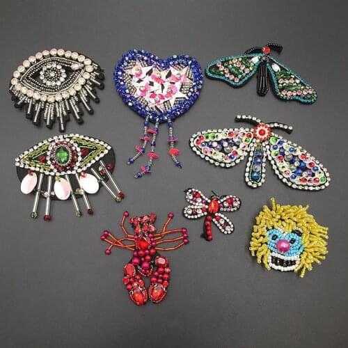 Handmade Rhinestone Beaded Patches Dragonfly Heart Love Sew on Crystal Pearl Patch for Clothing Beading Applique Cute Patch