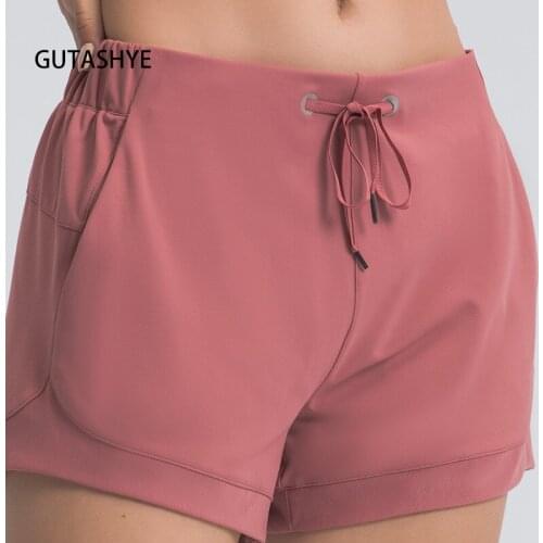 GUTASHYE Leisure Nylon Yoga Gym Workout Shorts Women Anti-sweat High Waist Drawstring Running Sport Shorts with Pocket