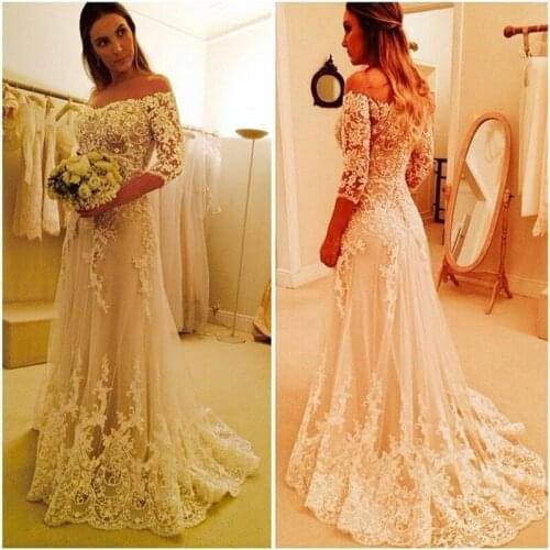 Gorgeous Lace 2018 Half Sleeve Sheer Back Applique Mermaid Bridal Gown vestidos de noiva boat neck mother of the bride dresses