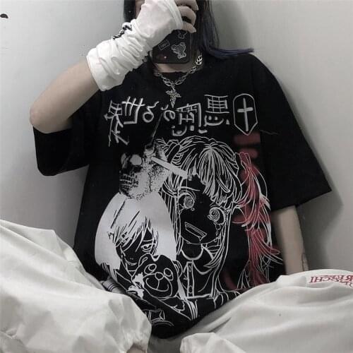 Woman T-Shirts Harajuku Street Dark Anime Cartoon Print Loose Short Sleeve Punk Y2K Black Vintage Cotton Clothes Streetwear Tops
