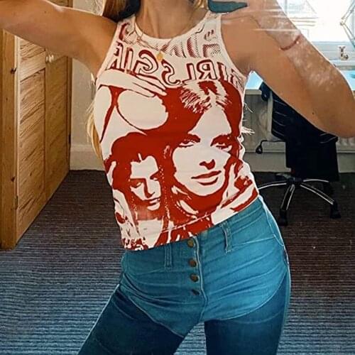 Womens Round Neck Tank Tops Y2K Aesthetic Portrait Letter Print Sleeveless Slim Fit T-Shirts Harajuku Vintage 90s Streetwear
