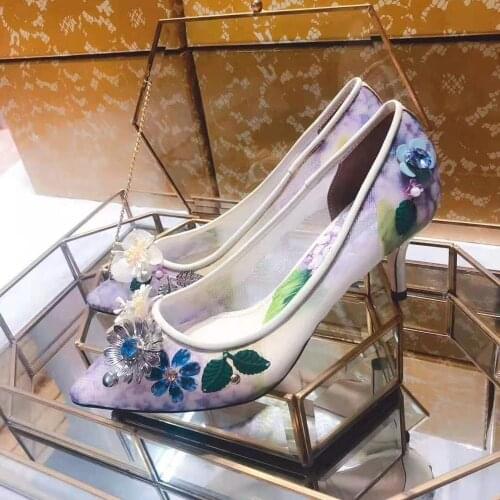 Beauty Gem Flower Decor Purple Flower Mesh Pumps Woman Wedding Shoes Pointed toe Slip-on Stilettos Summer Thin High Heels Shoes